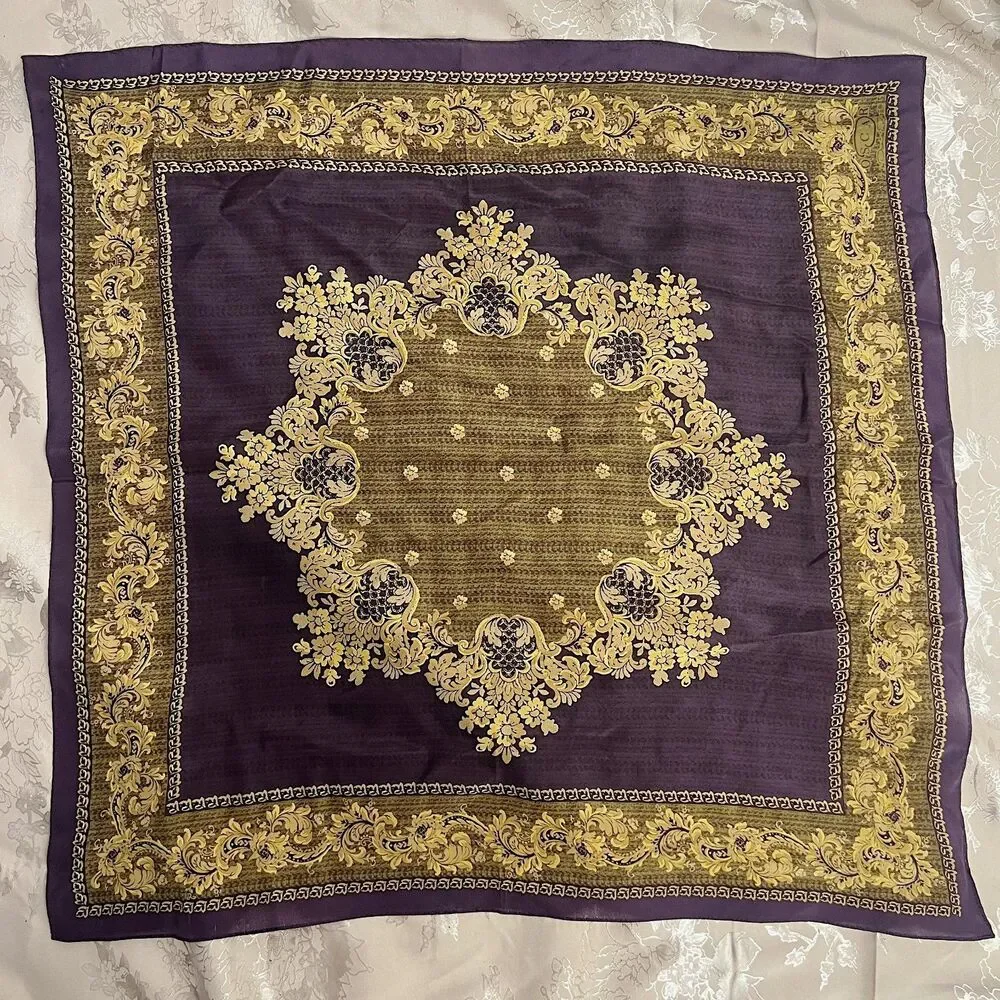 Vintage Oscar de la Renta Silk Scarf Plum Gold Detailing 21